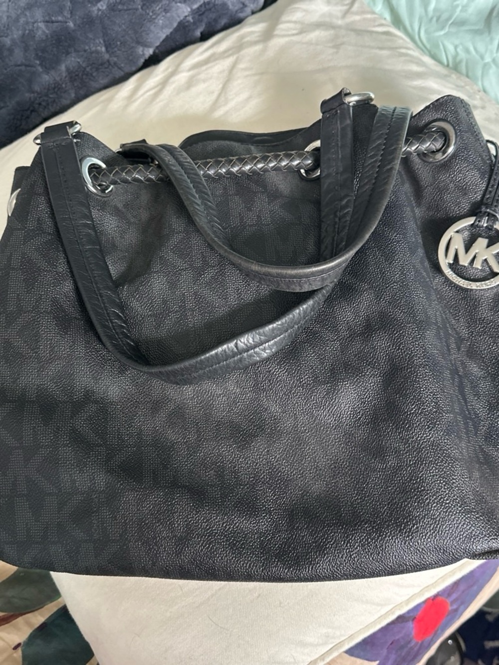 Michael Kors Black Logo-Print Shoulder Bag with Silver Hardware